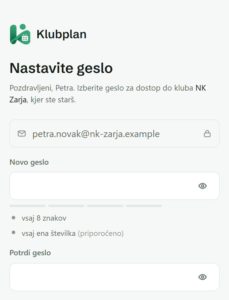 Stran »Nastavite geslo«: e-poštni naslov iz povezave in dve polji za geslo.