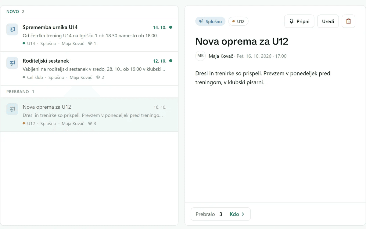 Seznam obvestil s skupino in številom branj.
