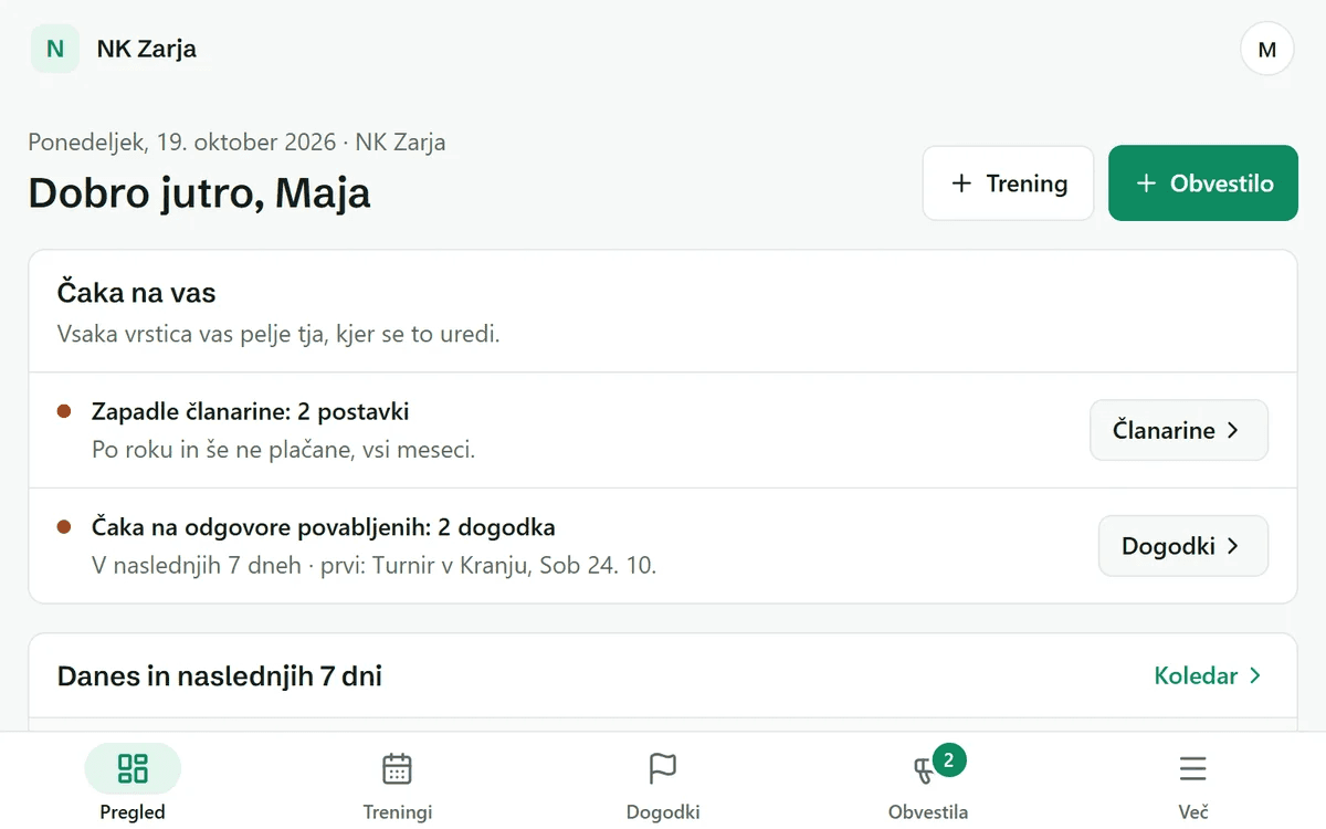 Pregled dneva: kaj čaka na vas in današnji treningi.