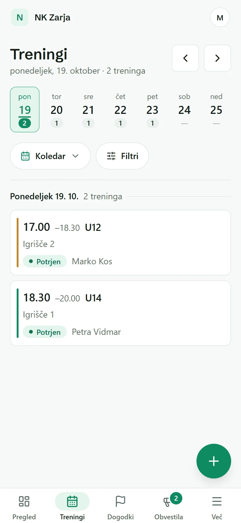 Treningi na telefonu: tedenski trak dni in današnji treningi.
