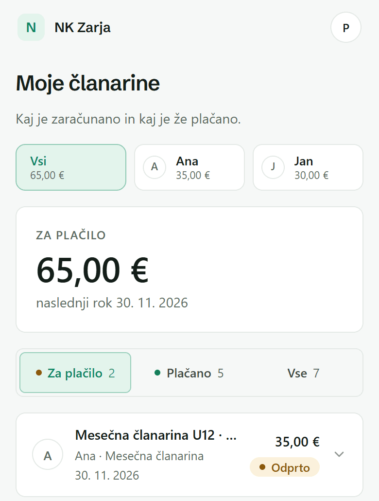 Moje članarine na telefonu: znesek za plačilo, otroci in postavka z rokom plačila.
