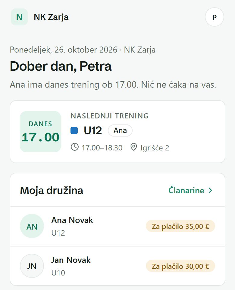 Pregled starša na telefonu: naslednji trening otroka in razdelek »Moja družina« z zneski za plačilo.